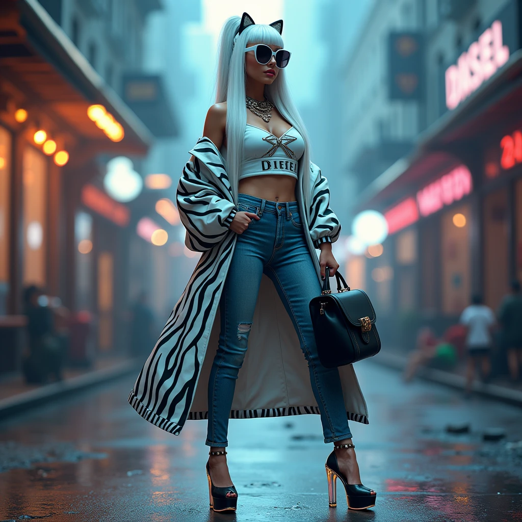 A woman with long straight white hair, black zebra stripes,she will wear a white crop top with a star neckline,a pair of low-waisted jeans,a transparent platform heel,um oculos de sol oversize,futuristic jewelry,I want a flashy print and futuristic details,she will wear a vintage coat,she will hold in one hand a black diesel bag,I want her standing on a street and several lights focusing on her,I want to be beautiful like a model and I would be