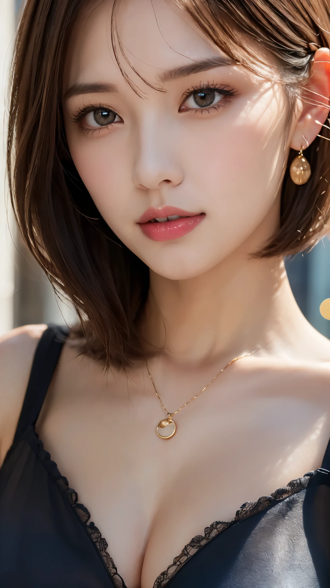 (Photorealistic, 32k, RAW photo, best quality:1.4), (masterpiece:1.3), (ultra high resolution, ultra realistic, highly detailed, golden ratio, ultra detailed), 1 beautiful woman, natural makeup, intricate cloth texture, finely detailed hair texture, beautiful full-body, perfect female form, anatomically accurate, highly detailed face and skin, (elegant hands), (realistic skin), (beautiful pale skin:1.1), (upper body, extreme close-up:1.8), (Oversized Breasts, generous cleavage1.3), (Wearing Blue Slip Dress:1.5), (Earrings, Pendant), 
BREAK,
realistic eyes, captivating detailed eyes, symmetric eyes, light brown eyes, double eyelids, thin eyebrows, (glossy lips:1.4), (face waiting for kiss, blush:1.3), 
BREAK,
((short bob cut, dark brown hair, bangs:1.2)), (Moonlit night, terrace:1.3)