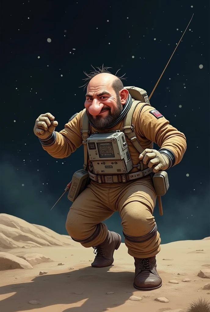 A dwarf astronaut with a big nose who dances(squat dance