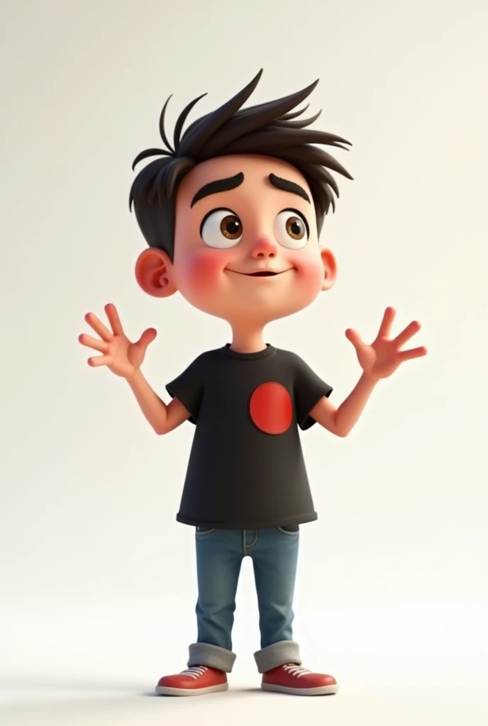Create a Disney Pixar style character in a white setting a white man, narigudo, with thick eyebrows, the short hair down, short, wearing a black t-shirt with a red circle on the left chest and jeans pointing with his hands