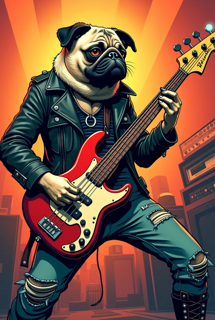 Comic Stil. A person with the head of a pug plays a Fender Precision Bass and wears a punk outfit.