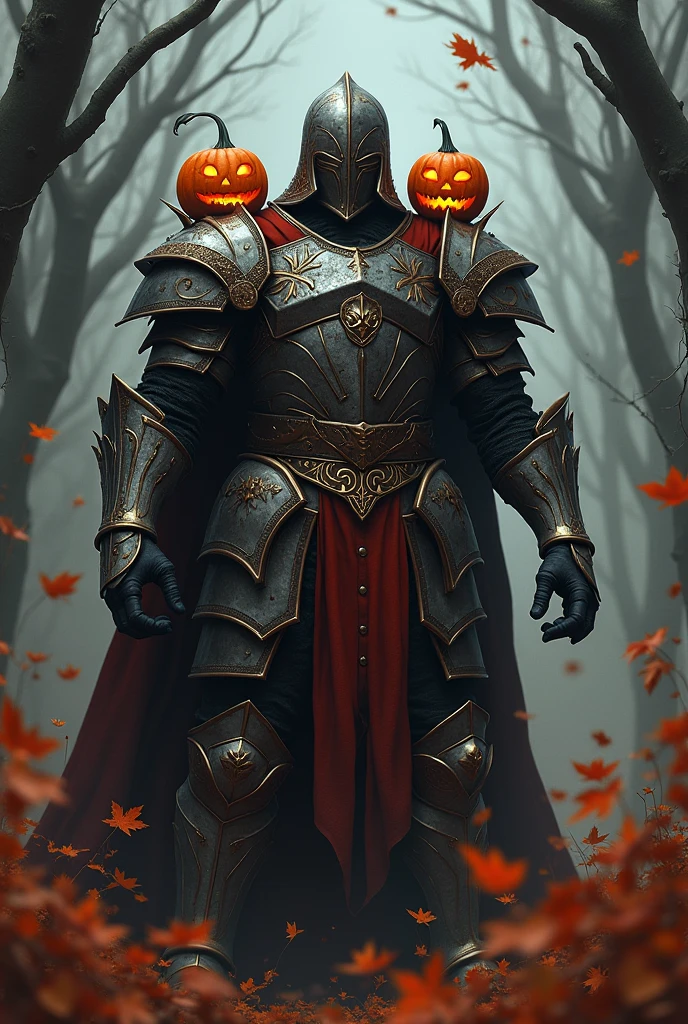 A warrior in armor with pumpkin and spider web details, Capturing the essence of autumn and Halloween.