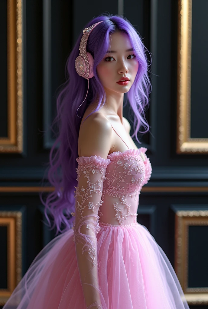 Korean purple hair butterfly woman in headset with transparent shiny shiny pink dress and shiny diamonds on headset full body The main scene: a ball with black walls chic with gold details princess outfit princess princess with korean headphones 