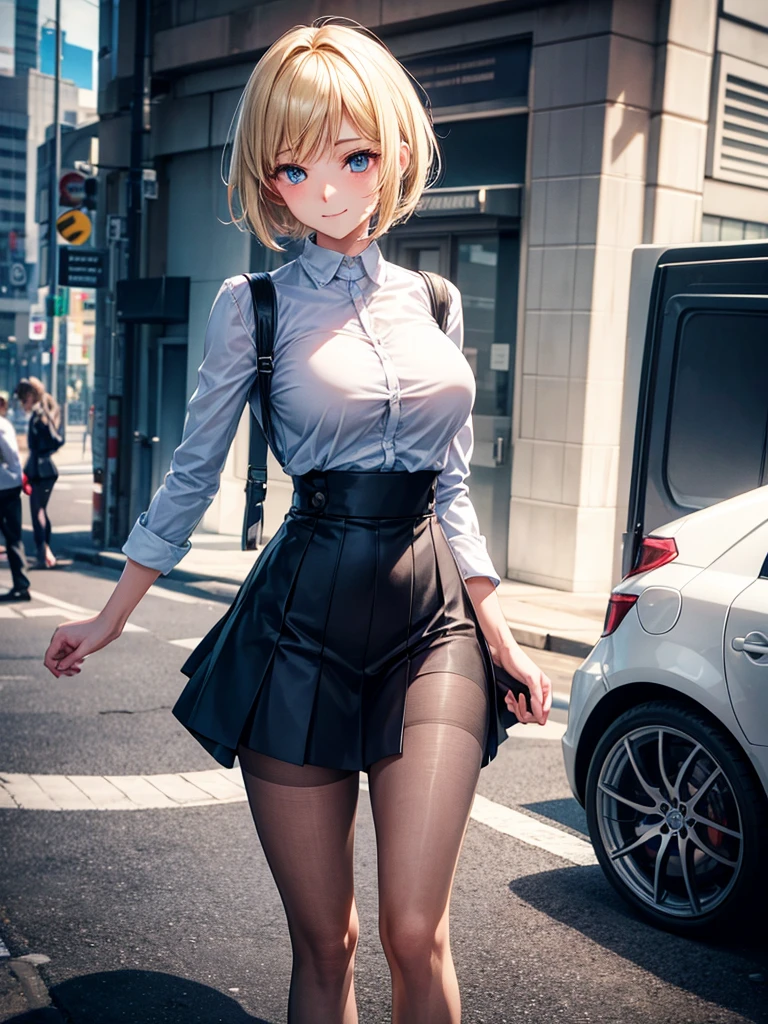 Anime style, super fine illustration, highly detailed, beautiful detailed, perfect detailed, super high quality image, static representation, gentle expression, happy expression, the pretty image, super stylish, 8k, pretty 1girl with blonde straight short hair & blue eyes & a bright smile & full bust & soft fair skin is a career woman supervisor who is very hard working not to show her skin wearing big white business shirt & summer tailored jacket & tight skirt & black pantyhose on the urban business buildings street, in the morning, solo, perfect fingers, no more fingers, no less fingers, perfect arms, no more arms, perfect legs, no more legs, no more hair, masterpiece.