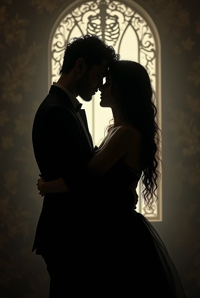A love couple hugging in the dark. Skeleton wallpaper