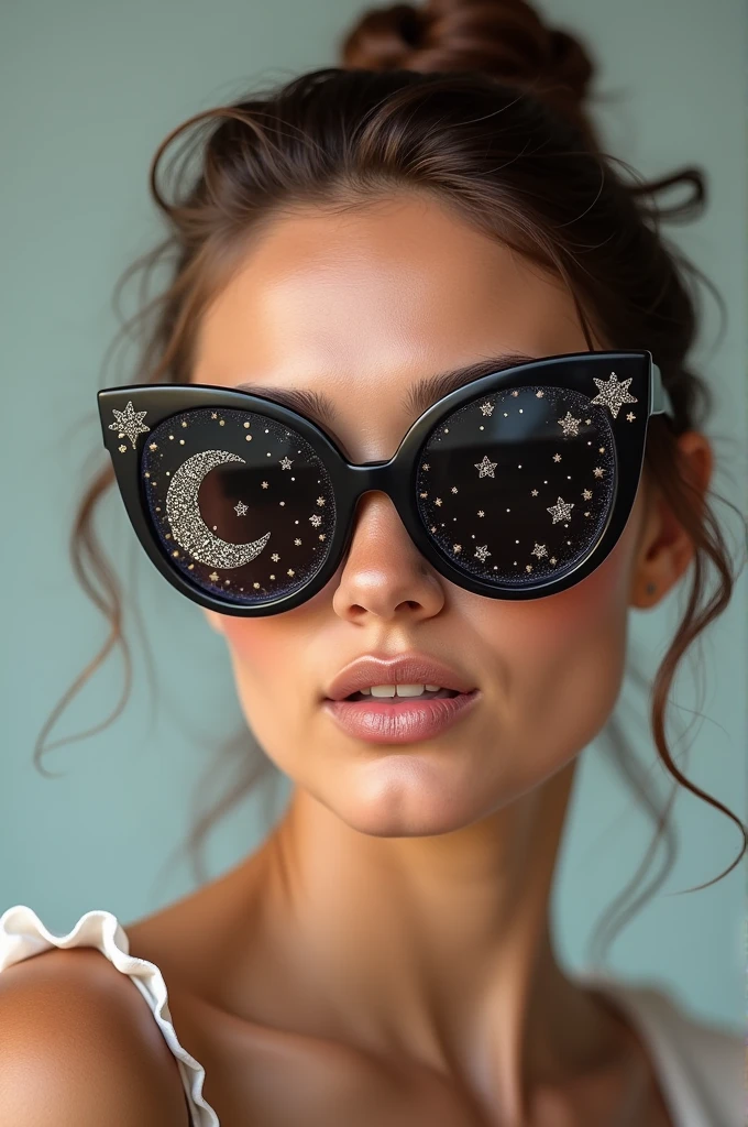 The model is wearing glass sunglasses with stars and the moon on the glass