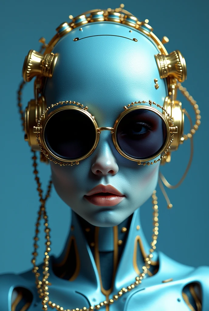 A photo of a Korean woman with metallic blue skin in a futuristic setting. Her face is partially obscured by intricate golden wires and components that wrap around her head and neck. She wears large, round, dark-tinted glasses that cover her eyes, giving her a mysterious and robotic appearance. The golden elements are finely detailed, resembling a high-tech interface, and they contrast sharply against the cool tones of her skin. The background is a muted blue, enhancing the focus on her futuristic and intricate design.