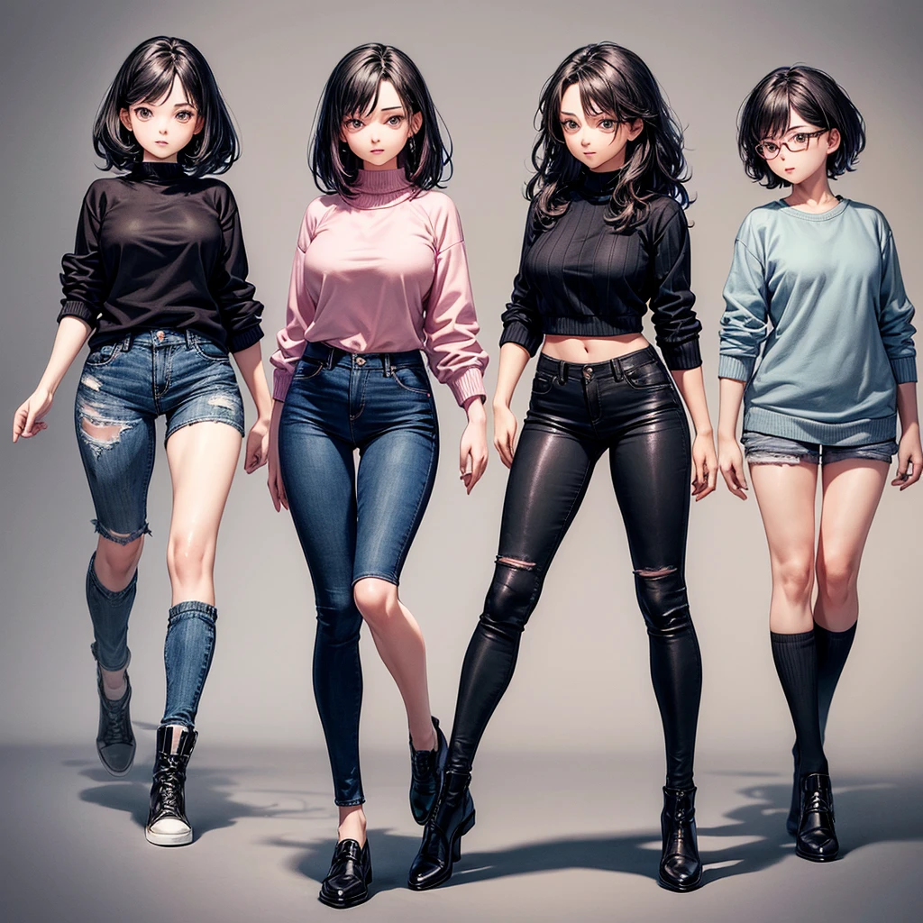 ((masterpiece, of the highest quality)), detailed face,female character, younger, 2d, short medium black hair, pink sweater, black denim pants, diagonal sides, character sheet, whole body, simple background