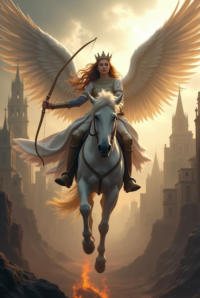 Young knight riding a white horse , hair in the wind WITH A BOW IN HER RIGHT HAND, BEAUTIFUL CROWN AND WINGS LIKE DESCENDING FROM THE SKY WITH APOCALYPTIC SCENARIO, ED FONDO UNA CIUDAD EN CAOS Y EL CIELO OSCURECIDO, DESCENDIENDO DEL CIELO