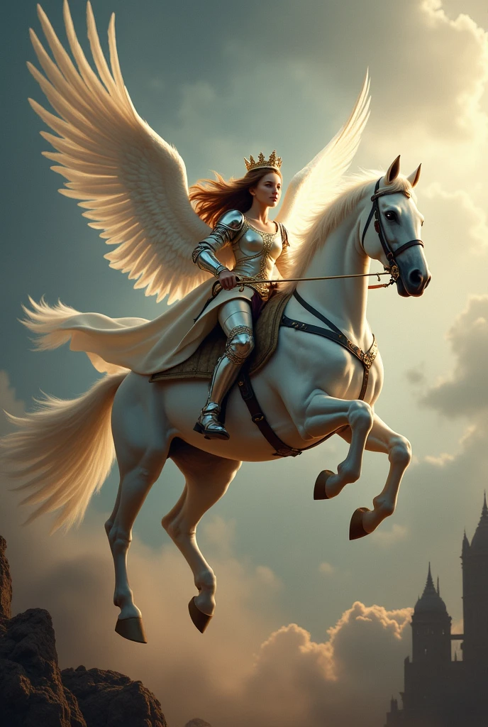 Young knight riding a white horse , hair in the wind WITH A BOW IN HER RIGHT HAND, BEAUTIFUL CROWN AND WINGS LIKE DESCENDING FROM THE SKY WITH APOCALYPTIC SCENARIO, ED FONDO UNA CIUDAD EN CAOS Y EL CIELO OSCURECIDO, DESCENDIENDO DEL CIELO