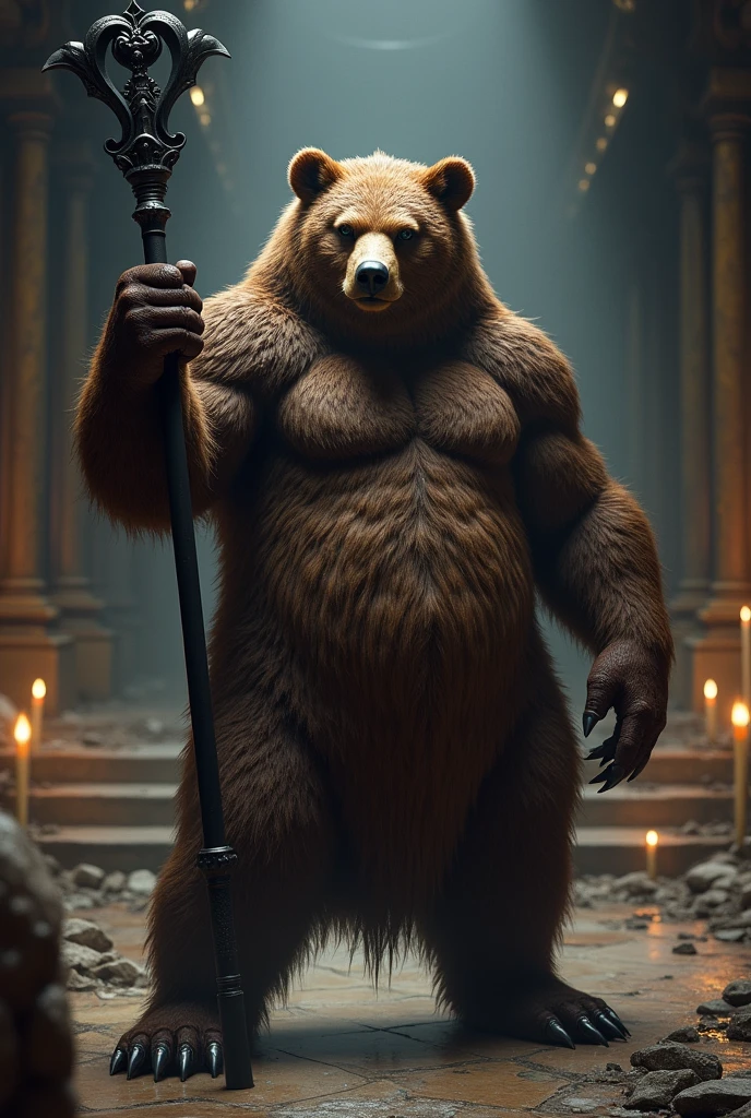 Create an image of a bear person holding a blaca: Bom dia!