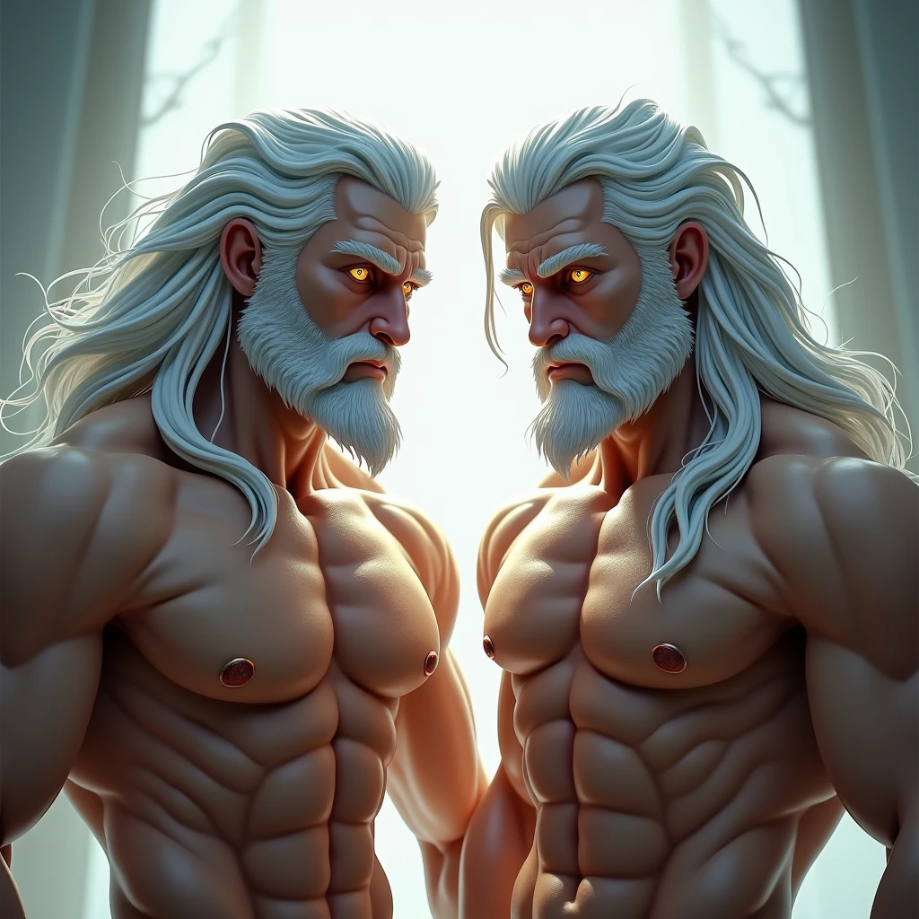 2 men.silver hair,silver hair ,golden eyes, silver eyes,rey, Principle,muscular, naked, facial hair, furry,Long hair, hard look, thoughtful, naughty face, mischievous, bright Eyes, High resolution, masterpiece, anatomically correct, necessary, Awarded many times, The best quality, detail, Damaged, details altos, HD Model, quality, high quality, smile, White skin, gifted, staring,