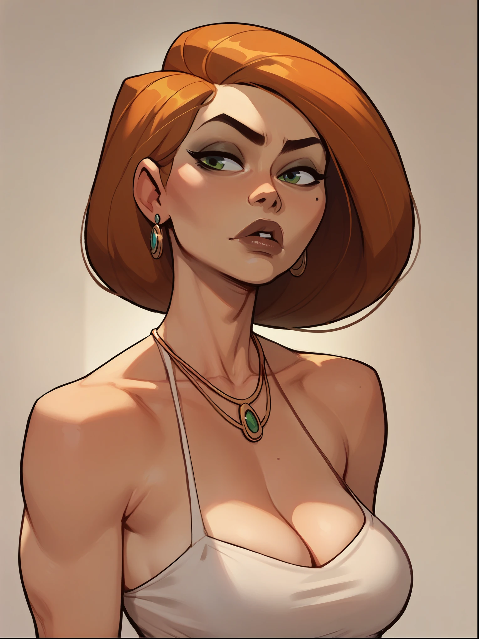 score_9, score_8_up,score_7_up, score_6_up, score_5_up, score_4_up, woman, best quality, highres, portrait, solo, beautiful, makeup, soft lips, kim possible, jealous, large cleavage, dress (((multiple jewelry)))