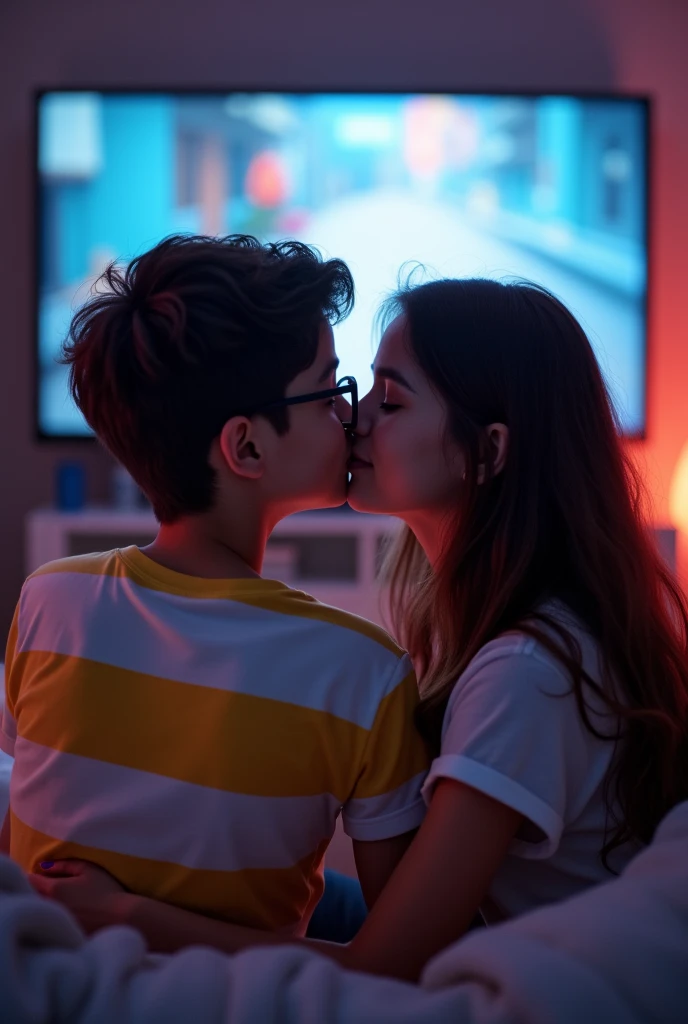 a couple, boy with circular glasses wide face , girl without glasses and long hair, purple nails, watching a movie in the living room and kissing, Both watching the movie and being seen face to face , They are at the cinema and the girl is wearing a white and yellow horizontal striped t-shirt, giving each other their first kiss