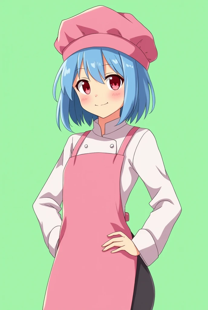 Female chef between 18 and 20 years old, with a pink long-sleeved uniform and a chef&#39;s hat of the same color, 2D anime style with pastel colors, short blue hair, Red eyes ,with a happy expression, on a completely green and flat background
