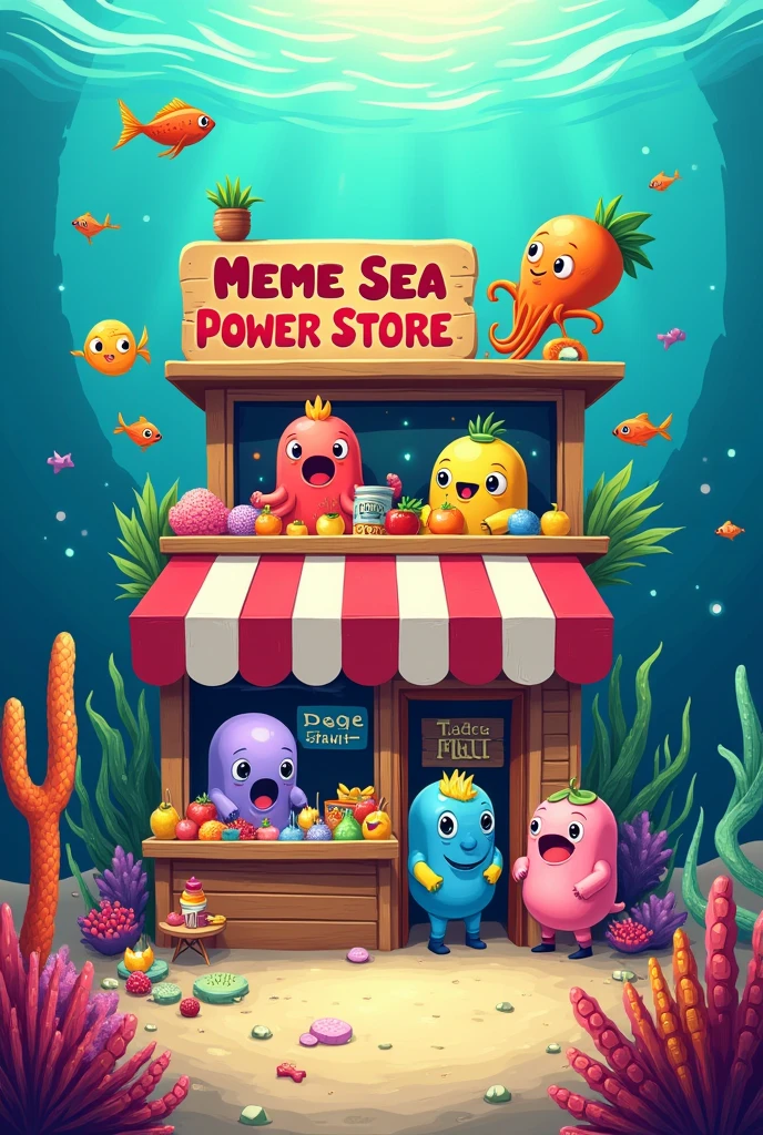 Create an image about a meme sea power store that contains the name meme fruit
