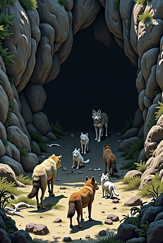 Cave where the father and mother wolf live with their four cubs, the jackal arrives at the cave