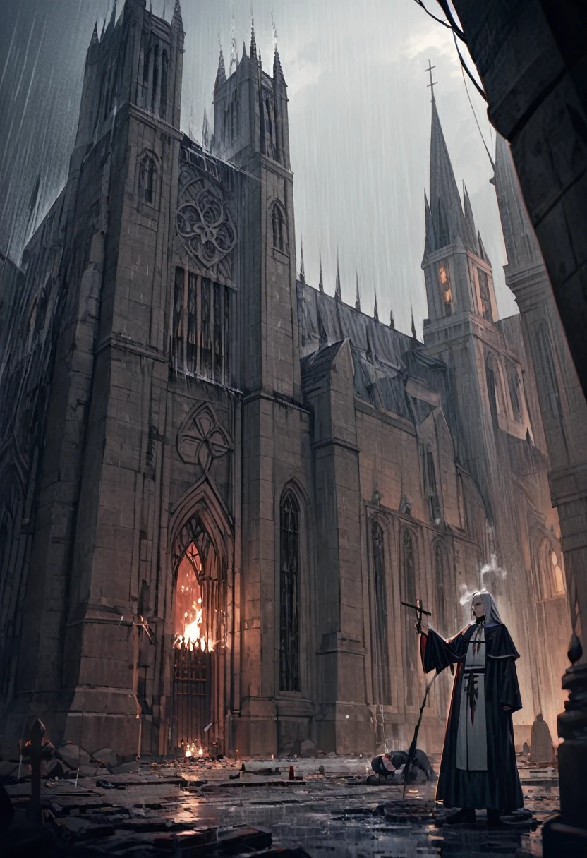 (Woman: 2), standing outside massive gothic cathedral, raining, dark stormy night, wearing ornate male catholic priest robes, robes open, loose crop top, under boob, holding rosary, rosary burning her hand, smoke coming off hand, mouth open in a painful scream, vampire fangs, look of pain and regret on face, cross burns skin, skin smoking, crying blood, holding flaming cross