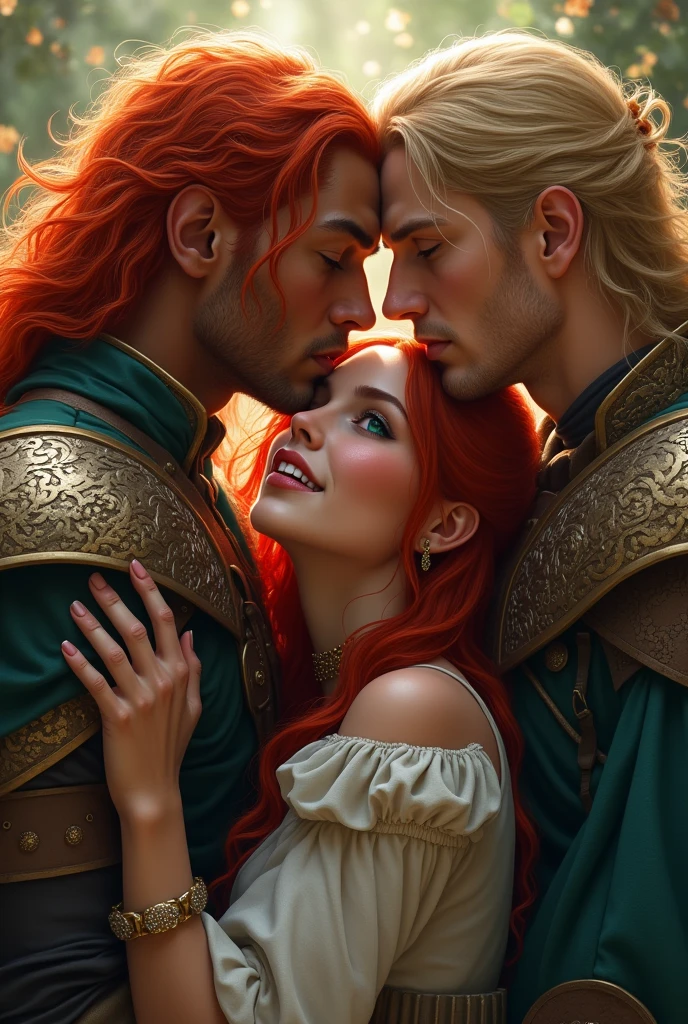 beautiful female warrior with red hair and green eyes, In a love triangle with two male warriors, one with long red hair, caramel skin and bad boy look, and the other one is a blond with short hair.
The man with red hair looks at her with love and hugs her, And this one, who has light hair, wants to seduce her, she is between them and not&#39;I don't know, Who to choose