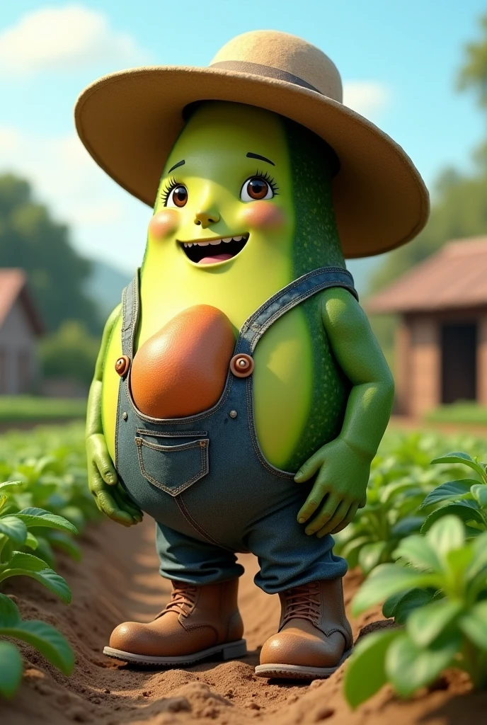 An avocado with the figure of a man with a face, working as a farmer