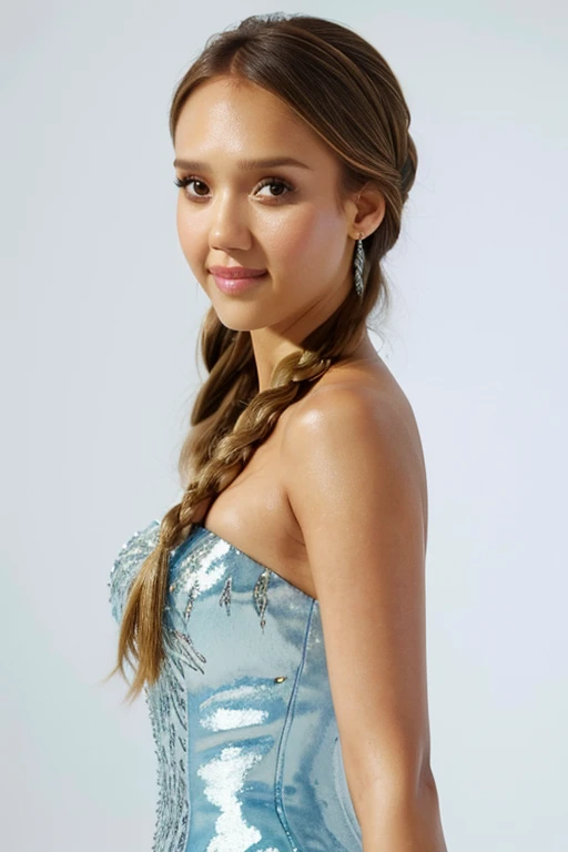 (best quality, masterpiece), 1girl, upper body, looking at the viewer, frozen, Jessica Alba as Elsa, white background