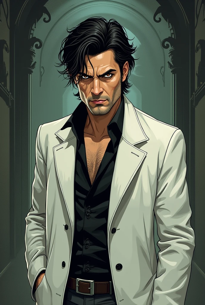 Make John Constantine the Dark-Haired Character, Brown eyes and wearing a white overcoat and a black shirt underneath. make it with animation tones/ drawning