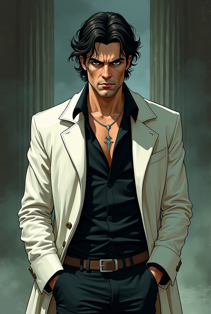 Make John Constantine the Dark-Haired Character, Brown eyes and wearing a white overcoat and a black shirt underneath. make it with animation tones/ drawning