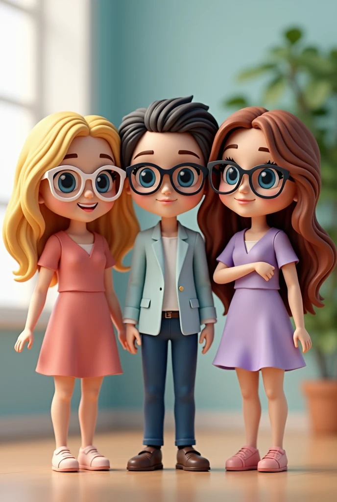 Create three dolls together bitmoji style, there are three teachers. A teacher with blue eyes and blonde hair, smooth and big, wears white-framed prescription glasses. A white teacher with dark brown hair, wears prescription glasses, and dresses elegantly. A teacher as white as a porcelain doll, wavy reddish brown hair, medium, She's sweet and sweet, lilac clothes.