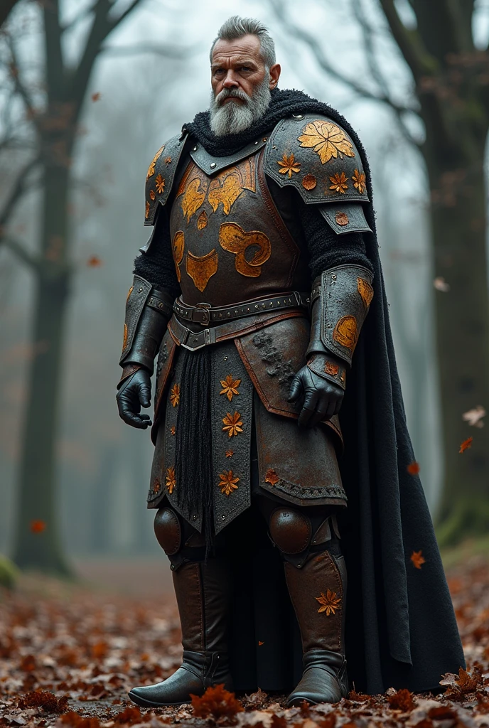 A warrior wearing armor with darker tones and fallen leaf details, preparing for winter.