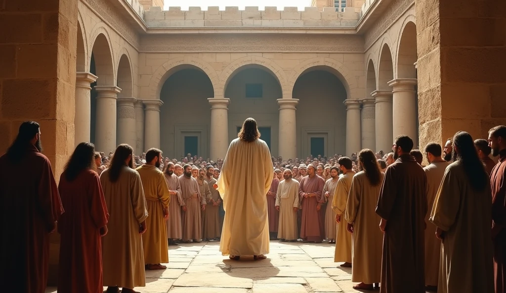 Jesus teaching a large crowd in a temple courtyard, religious leaders in traditional robes observing with skepticism, ancient Jewish temple architecture, disciples and followers gathered around, tension in the air, stone walls and sacred scrolls in the background, hyper-realistic, photo realism, cinematography -- ar 16:9