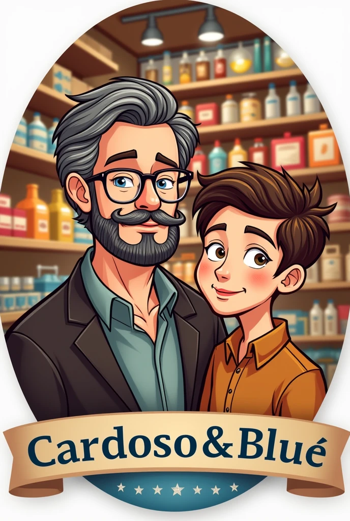 Logo for market called Cardoso & Blue, that demonstrates the love and trust between two generations of father with a mustache, glasses, side-swept hair, medium gray brown color, e Caucasian skin, and male child, grown-up,sem glasses, Caucasian skin, with a well-trimmed beard, and brown hair, and in the background a market with food, drinks, candies, and cleaning products. 