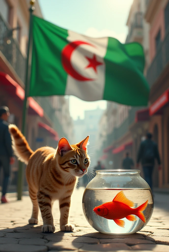 Le drapeau algérien de couleur vert blanc croissant de lune et toi la 5 branches rouge. Le chat dans les rues d'Alger avec des passants un poisson rouge dans un bocal et le chat à côté de lui