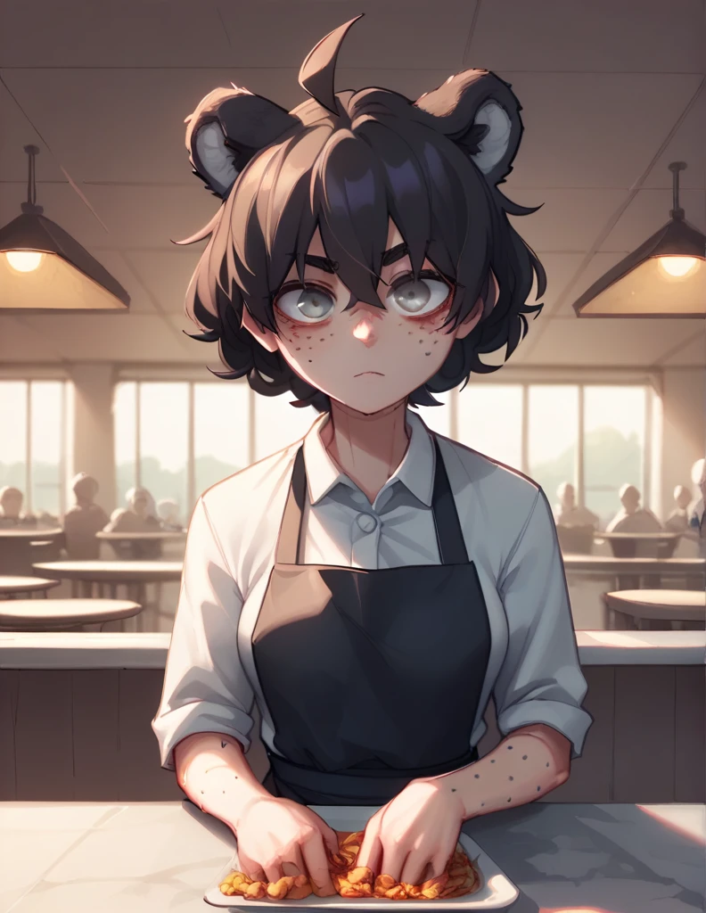 1 girl, alone, ppka, black fur, short hair, messy fur, Ahoge, parts, parts en todo el cuerpo, grey eyes, blind eyes, kind eyes, kind look, sexy look, looking at the viewer, slight blush, 
Freckles in the face, human skin,
breasts, old, tiger ears, 
chef clothing, chief uniform, Black apron, 
restaurant, Behind the counter, mostrando un plato lleno de comida al espectador, plato lleno de comida POV, plato con comida en mano