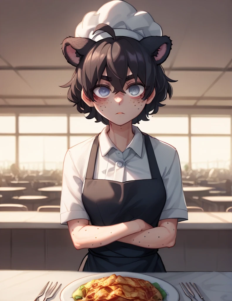 1 girl, alone, ppka, black fur, short hair, messy fur, Ahoge, parts, parts en todo el cuerpo, grey eyes, blind eyes, kind eyes, kind look, sexy look, looking at the viewer, slight blush, 
Freckles in the face, human skin,
breasts, old, tiger ears, 
chef clothing, chief uniform, Black apron, 
restaurant, Behind the counter, mostrando un plato lleno de comida al espectador, plato lleno de comida POV, plato con comida en mano