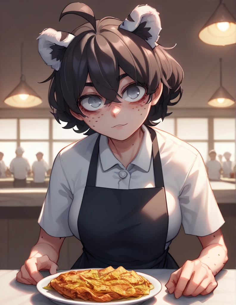 1 girl, alone, ppka, black fur, short hair, messy fur, Ahoge, parts, parts en todo el cuerpo, grey eyes, blind eyes, kind eyes, kind look, sexy look, looking at the viewer, slight blush,
Freckles in the face, human skin,
breasts, old, tiger ears,
chef clothing, chief uniform, Black apron,
restaurant, Behind the counter, mostrando un plato lleno de comida al espectador, plato lleno de comida POV, plato con comida en mano