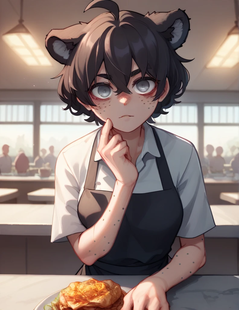 1 girl, alone, ppka, black fur, short hair, messy fur, Ahoge, parts, parts en todo el cuerpo, grey eyes, blind eyes, kind eyes, kind look, sexy look, looking at the viewer, slight blush,
Freckles in the face, human skin,
breasts, old, tiger ears,
chef clothing, chief uniform, Black apron,
restaurant, Behind the counter, mostrando un plato lleno de comida al espectador, plato lleno de comida POV, plato con comida en mano