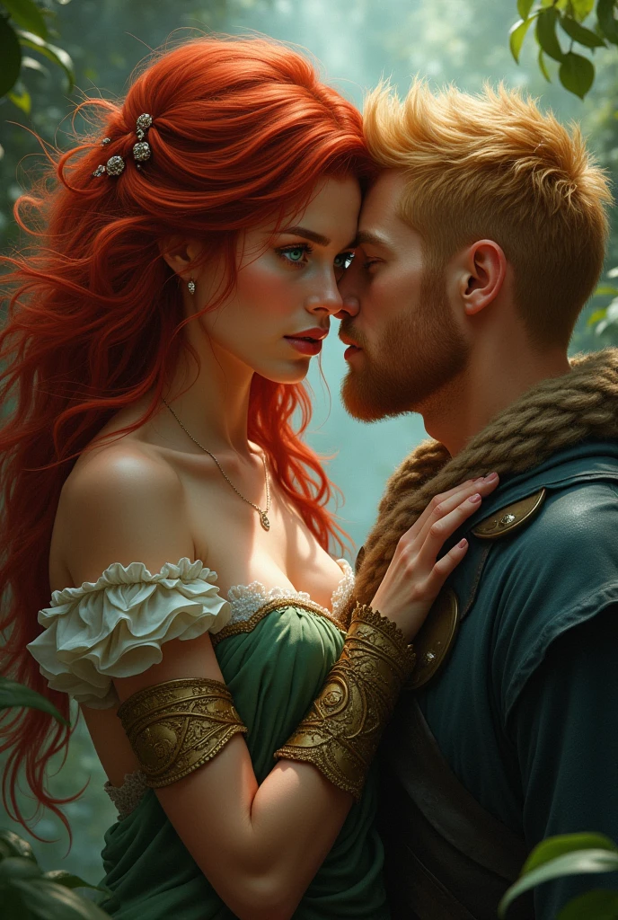 beautiful female warrior with red hair and green eyes, In a love triangle with two male warriors, one with long red hair and caramel skin looked at her lovingly, and another one with short blonde hair was seducing her, and she was confused, who wants this?, the man with red hair is not'He wants to share