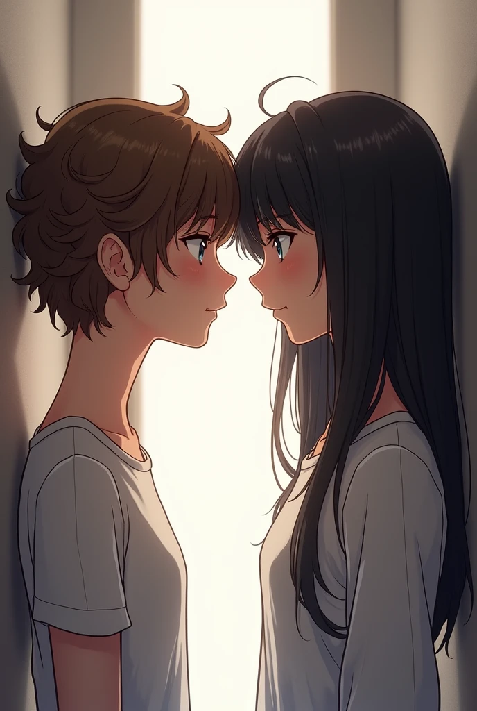 Two girls each in a corner of the image facing opposite directions, the one on the left with short hair above the ear with brown curls and the one on the right with black hair, smooth and long, both facing opposite directions