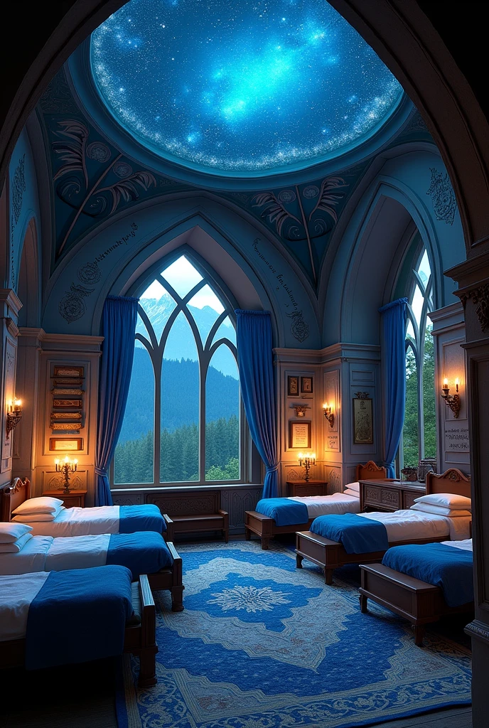 Ravenclaw Hogwarts at night :(فضای خوابگاه ریونکلاو با نور طبیعی شب که از windowsی بزرگ و قوسی شکل به داخل میتابد، روشن میشود. at night, magical blue and silver lights coming from the crystal chandeliers hanging from the ceiling give the room a sense of calm and silence.)2.walls and ceilings:(the dormitory walls are covered with light stones or soft colors, including light blue and white. نقوش ظریف ستارهها و الگوهای پیچیده که به علم و دانش اشاره دارند، به صورت برجسته روی walls and ceilings دیده میشوند. the dormitory ceiling is designed to depict the starry night sky, and in some cases shows the actual image of the sky.)3.The furniture:(beds are made of dark or light wood with classic and simple designs. the bed curtains are light blue and silver and give the space a calm and thoughtful atmosphere. each bed is decorated with a blanket and comfortable cushions in the iconic Ravenclaw colors.) are delicately designed, with small shelves for
4.(decorations and details:(on the walls, paintings and images of great philosophers, thinkers and inventors are placed. also, old scrolls and writings containing inspiring quotes are beautifully mounted in wooden frames. in the large shelves, magical and scientific books, magical objects and tools are displayed.)(tall and narrow mirrors with silver frames that reflect light and the tranquility of the space are placed in the corners of the room. these mirrors sometimes magically interact with the person standing in front of them and give wise answers.)5.carpets and flooring:(warm and natural colored wooden floors give a warm feeling to the space. soft and delicate carpets with intricate traditional patterns in blue and silver colors cover parts of the floor and give the room a classic and relaxing feeling.)
6.windows:(windowsی بزرگ و قوسی شکل، چشمانداز وسیعی از کوهها، جنگلها و آسمان باز را ارائه میدهند. این windows دارای شیشههای رنگی با الگوهای پیچیده هستند که وقتی نور ماه از آنها عبور میکند، رنگهای زیبایی به داخل اتاق میتابد