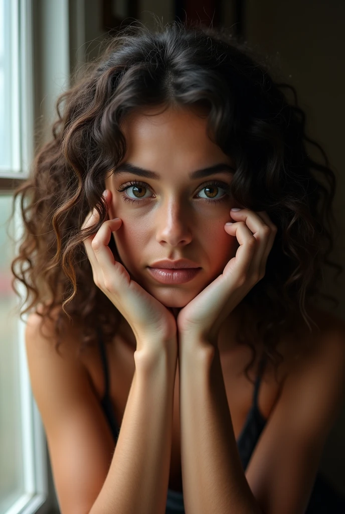 A portrait of a young woman with curly hair, with her hands on face, captured with a Canon EOS R5 camera and a 50mm f/1.2 lens. The image is highly detailed, with natural lighting from a large window on the left side. The focus is sharp on her eyes, and the depth of field is shallow, creating a smooth bokeh in the background. Skin texture is visible and realistic.