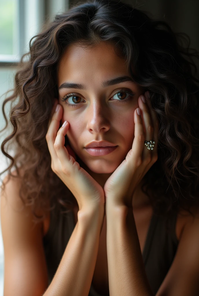 A portrait of a young woman with curly hair, with her hands on face, captured with a Canon EOS R5 camera and a 50mm f/1.2 lens. The image is highly detailed, with natural lighting from a large window on the left side. The focus is sharp on her eyes, and the depth of field is shallow, creating a smooth bokeh in the background. Skin texture is visible and realistic.