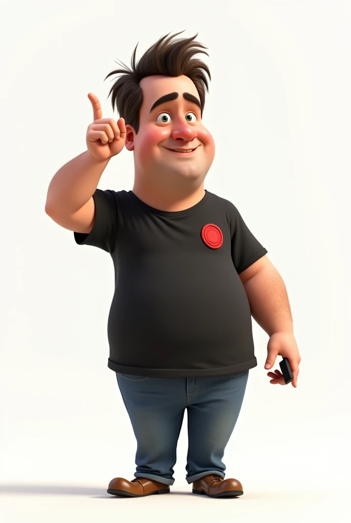 Create a Disney Pixar style character in a white setting a white man, narigudo, with thick eyebrows, the short hair down, short in stature, wearing a black t-shirt with a red circle on the left chest and jeans, with one hand holding a cell phone and the other pointing upwards