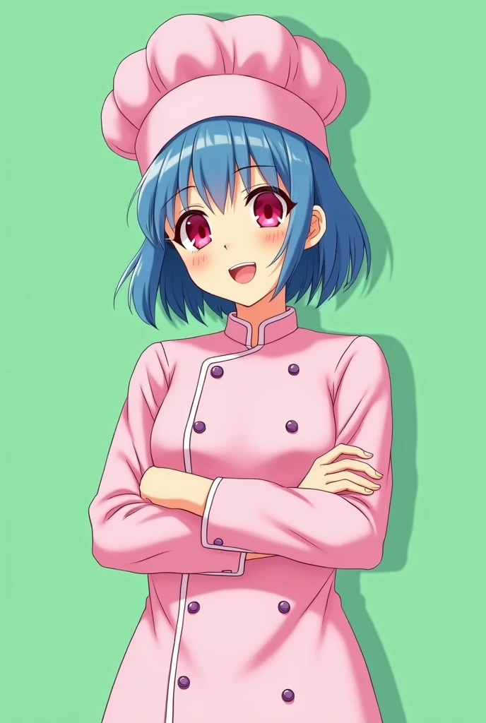 Female chef between 18 and 20 years old, with a pink long-sleeved uniform and a chef's hat of the same color, 2D anime style with pastel colors, short blue hair, Red eyes ,with a happy expression, on a completely green and flat background