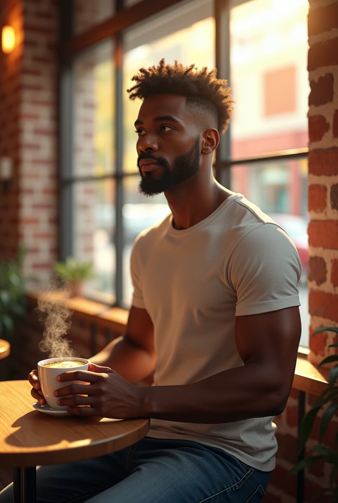 A young black man with an athletic body at the bar having coffee in the morning