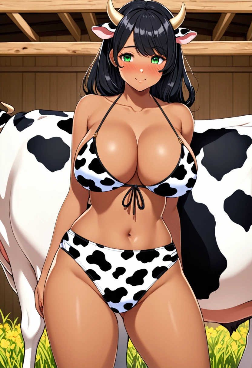 Masterpiece, 1 girl, tanned skin, black hair, huge breasts, wide hips, freckles, green eyes, big breasts, round ass, cow, cowgirl, horns, cow horns, cow, milky breasts, slutty, cute face, blushing, Masterpiece, slutty, ashamed, cute face, blushing, ranch girl, farmer, country girl, getting milked, hands milking her breasts, cow print bikini, tanned skin, brown skin, dark skin, long black hair, tanned skin, black skin