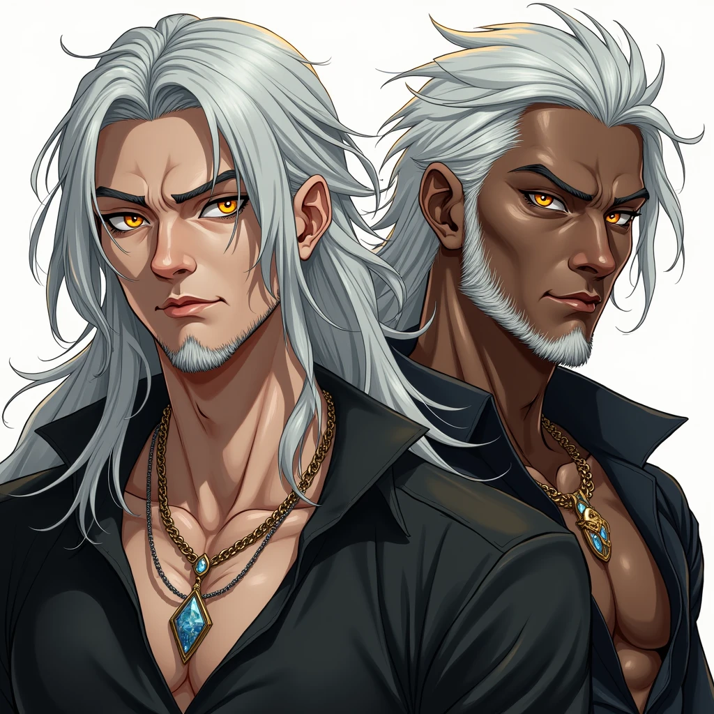 2 men.silver hair,silver hair ,golden eyes, silver eyes,rey, Principle,muscular, naked, facial hair, furry,Long hair, hard look, thoughtful, naughty face, mischievous, bright Eyes, High resolution, masterpiece, anatomically correct, necessary, Awarded many times, The best quality, detail, Damaged, details altos, HD Model, quality, high quality, smile, White skin, gifted, staring, White skin, brown skin,looking at the viewer, short hair,jewelry, Multiple views, necessary, masterpiece, The best quality, anatomically correct, 