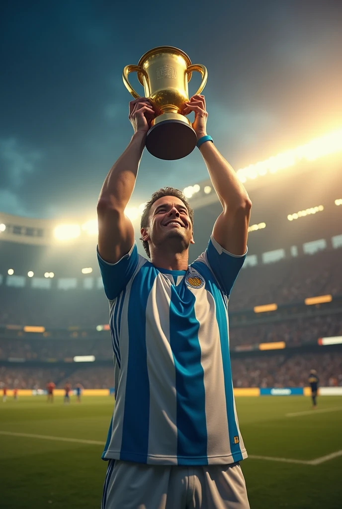 Create an image of Marcelo Daniel Gallardo lifting the Libertadores Cup on Boca's pitch