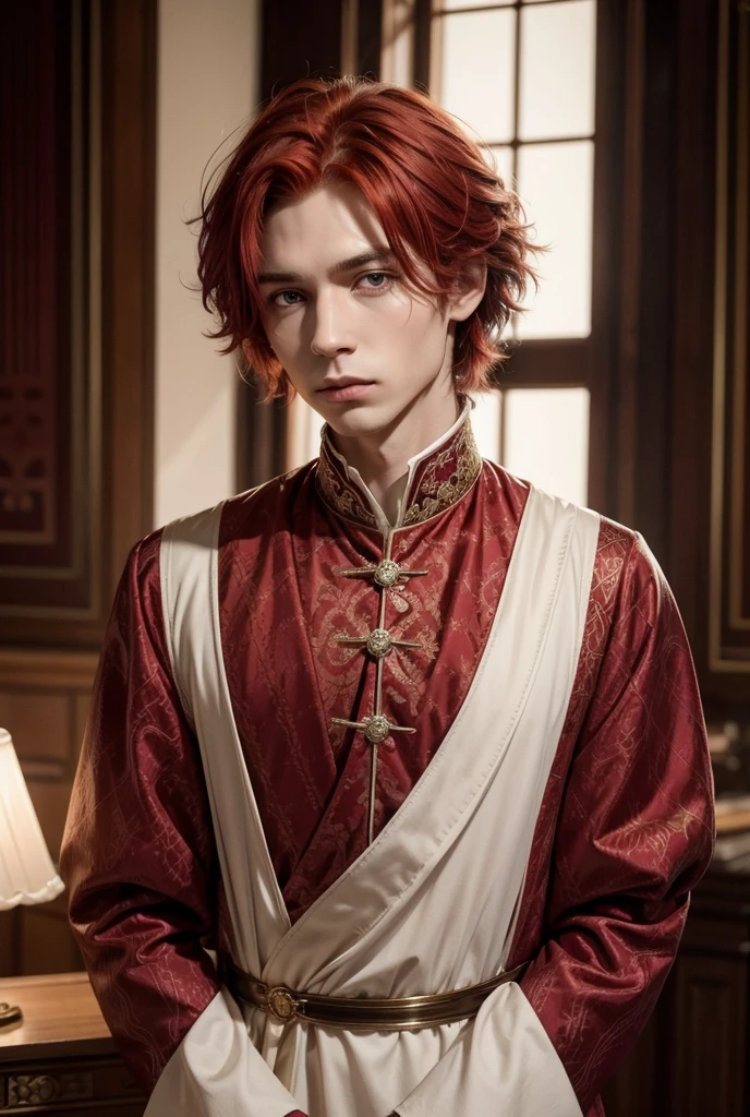 Red-haired man with short straight hair wearing a prince outfit