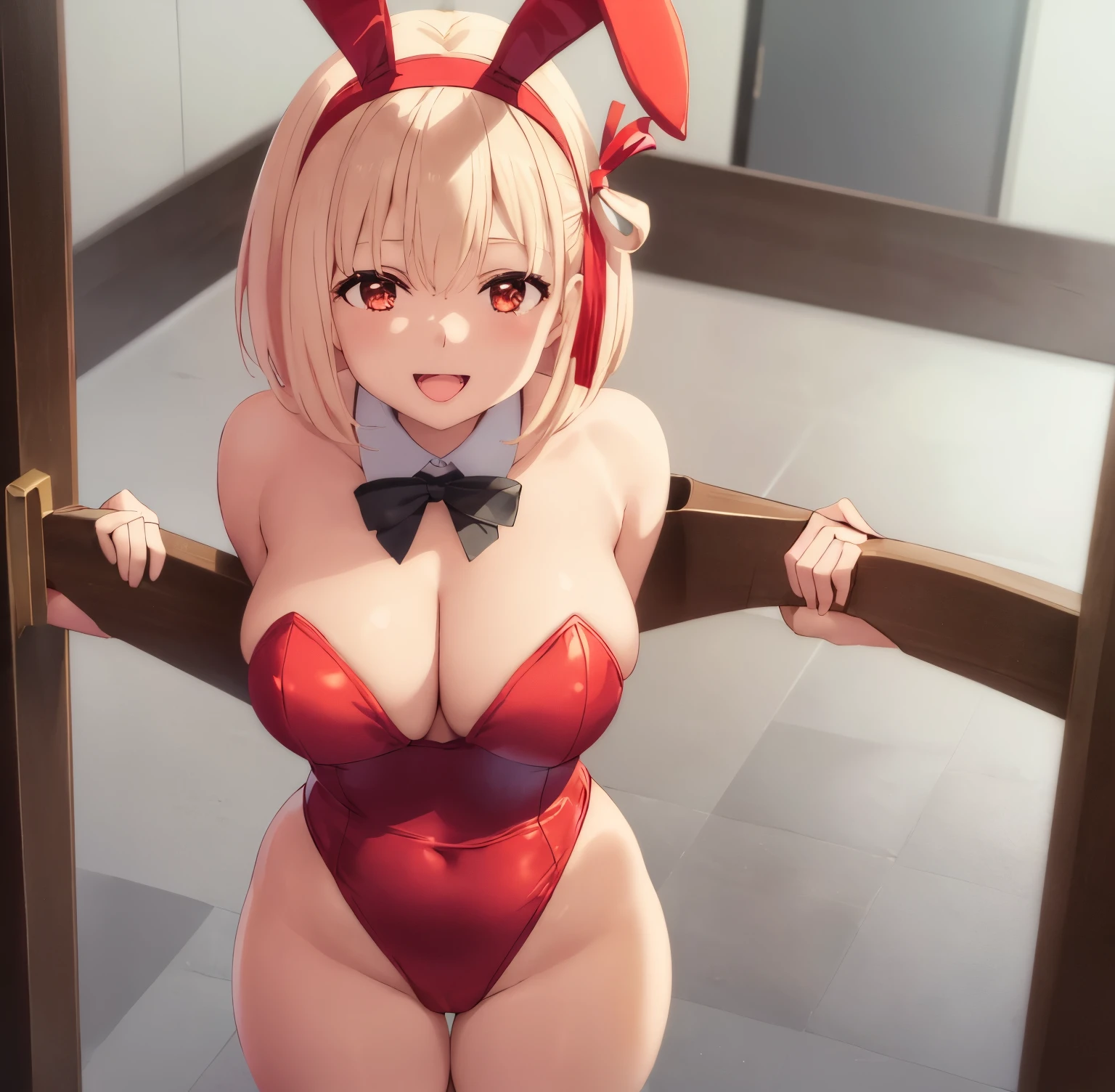1girl,alone,chisato nishikigi,masterpiece,best quality,high resolution,looking at viewer,detailed,detailed eyes,short hair,dull blonde hair,headband,large breasts,medium waist,wide hips,wide thighs,body curvy, dynamic pose, red playboy bunny costume, red bunny ears, black pantyhose, smile, indoor, casino, waving, smile, open mouth, position, arms behind the back, facing the front, focus on breasts, pov (from above), standing, perfect anatomy, perfect hands