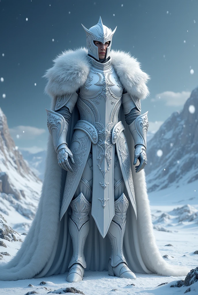  A warrior in silver or white armor, adorned with snow and star details, reflecting the winter.